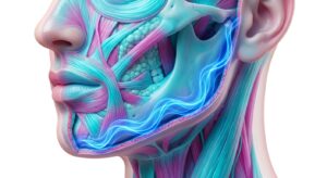페이스라인의 해부학적 구조와 탄력 에너지를 시각화한 3D 일러스트